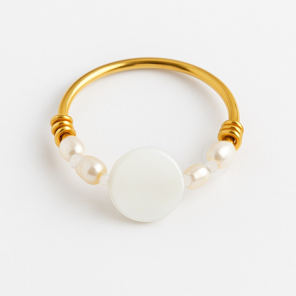 Ring with Shell, Freshwater Pearls & White Gemstones