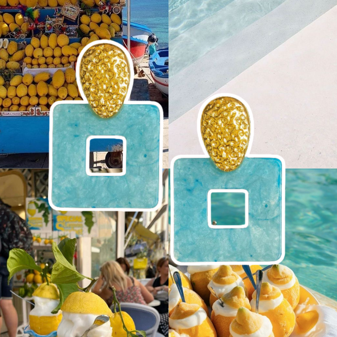 Collage of lemon-themed decorations including lemons on a stand, lemons by a pool, and lemons in a decorative bowl.