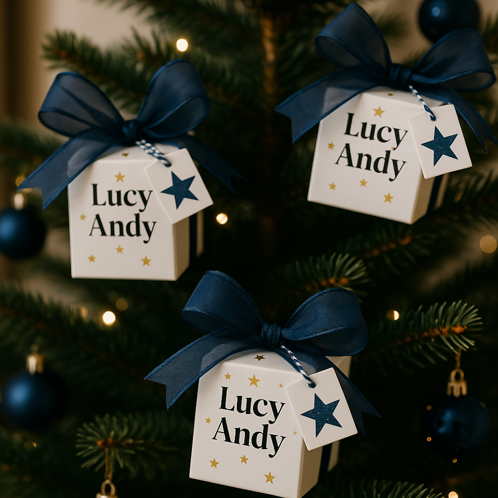 Decorative Christmas ornaments with 'Lucy Andy' text on a Christmas tree.