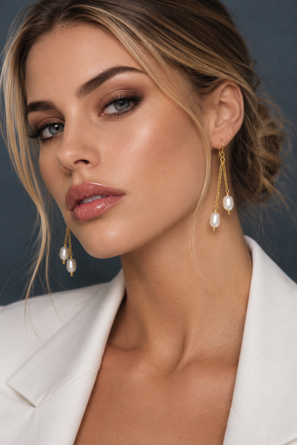 A close-up of a woman wearing gold dangle earrings with white freshwater pearls, styled with a white blazer against a dark gray background.