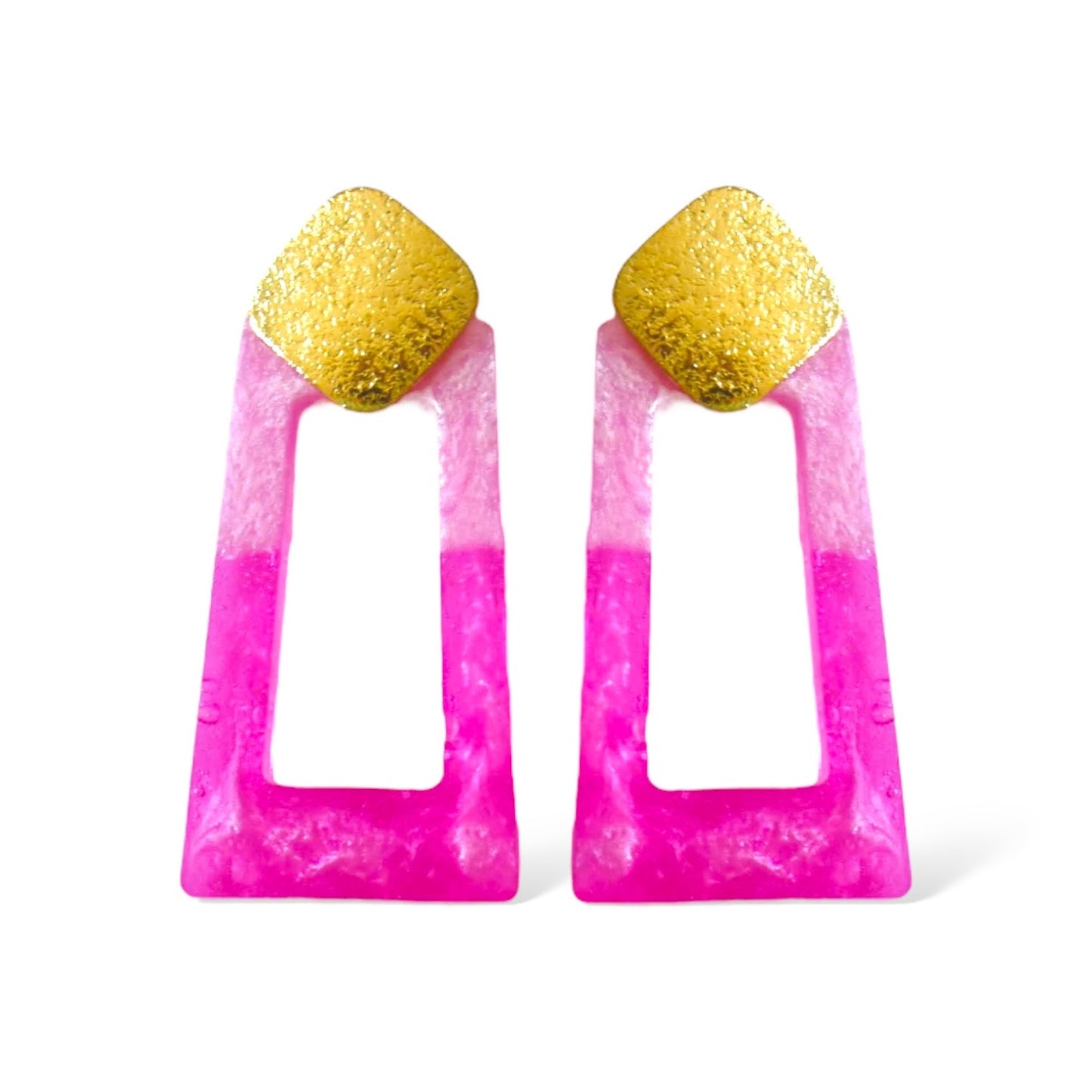 Barbie Dangles - Pink Fuchsia Resin Geometric Earrings - Gold - Plated Stainless Steel - lucy andy jewellery