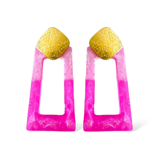 Barbie Dangles - Pink Fuchsia Resin Geometric Earrings - Gold - Plated Stainless Steel - lucy andy jewellery