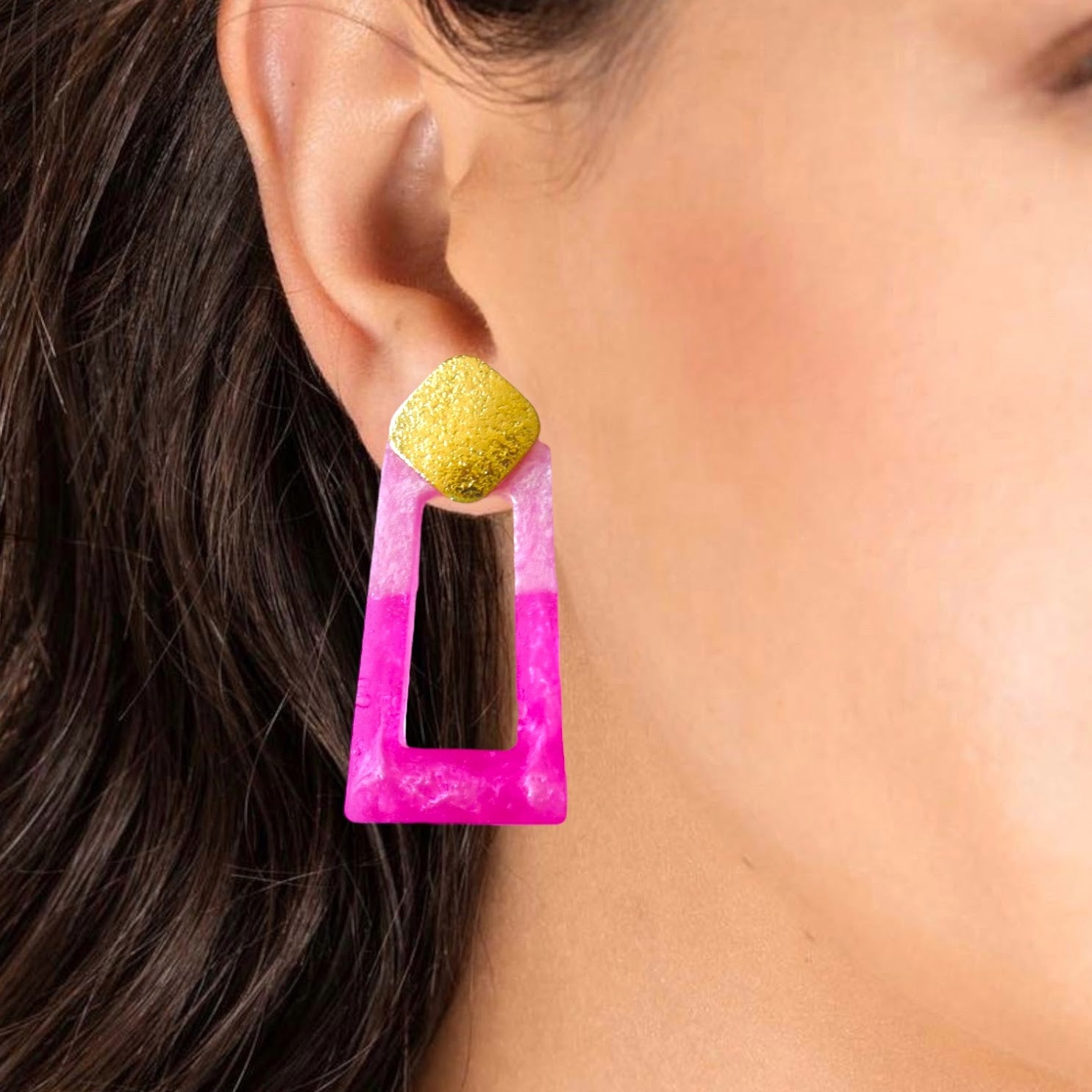 Barbie Dangles - Pink Fuchsia Resin Geometric Earrings - Gold - Plated Stainless Steel - lucy andy jewellery