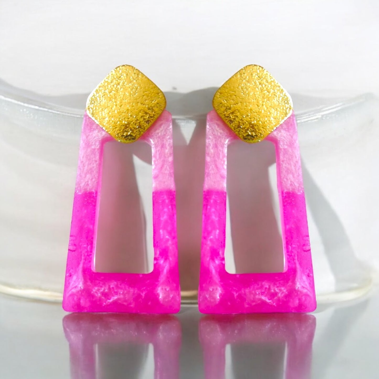 Barbie Dangles - Pink Fuchsia Resin Geometric Earrings - Gold - Plated Stainless Steel - lucy andy jewellery