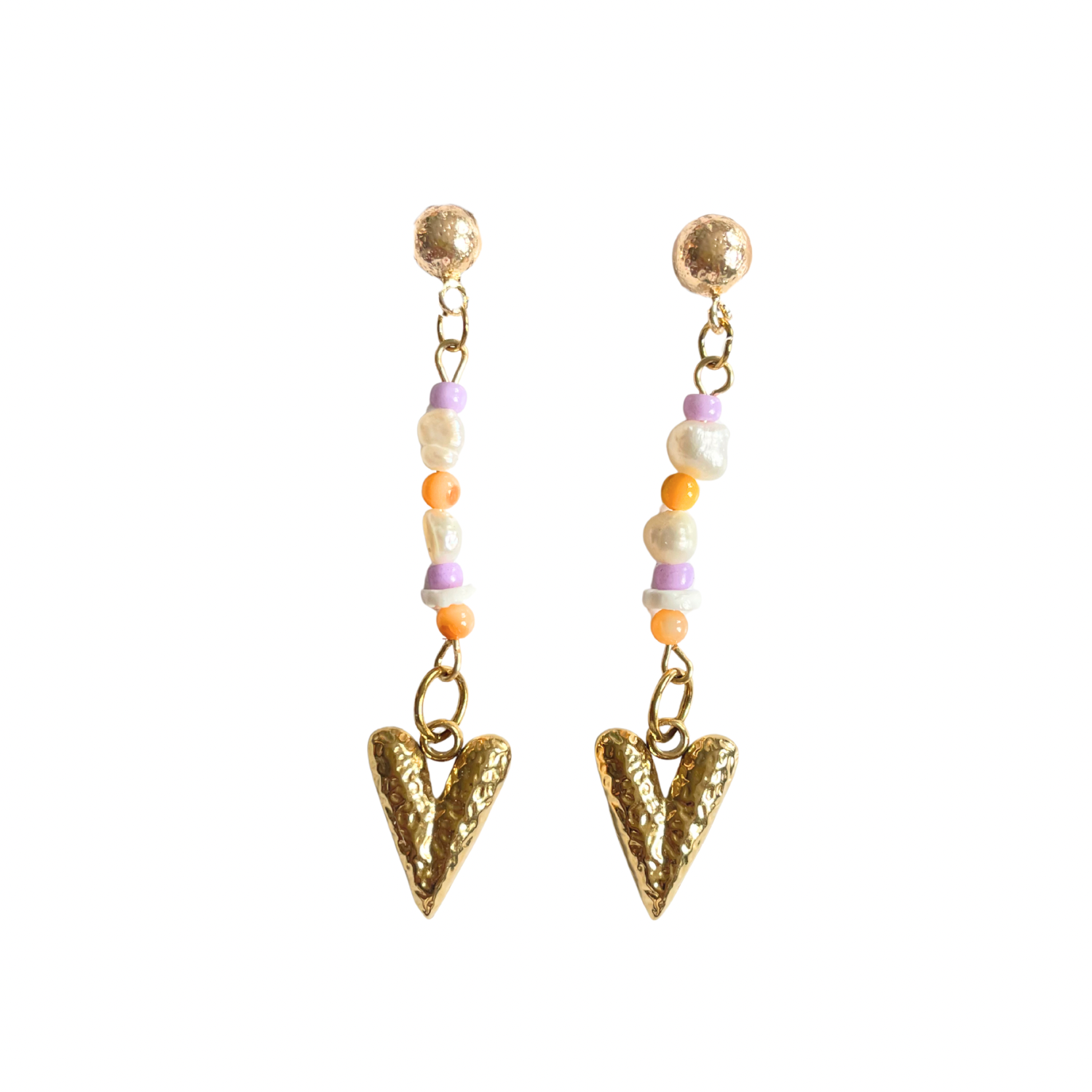 Candy Hearts & Pearls – 18K Gold Dangle Earrings with Freshwater Pearls & Colourful Shells