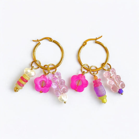 Playful Multi - Charm Hoop Earrings with Gummy Bears, Retro Flowers, Gemstones, Pearls, and Seashells - Gold - Plated Stainless Steel - lucy andy jewellery