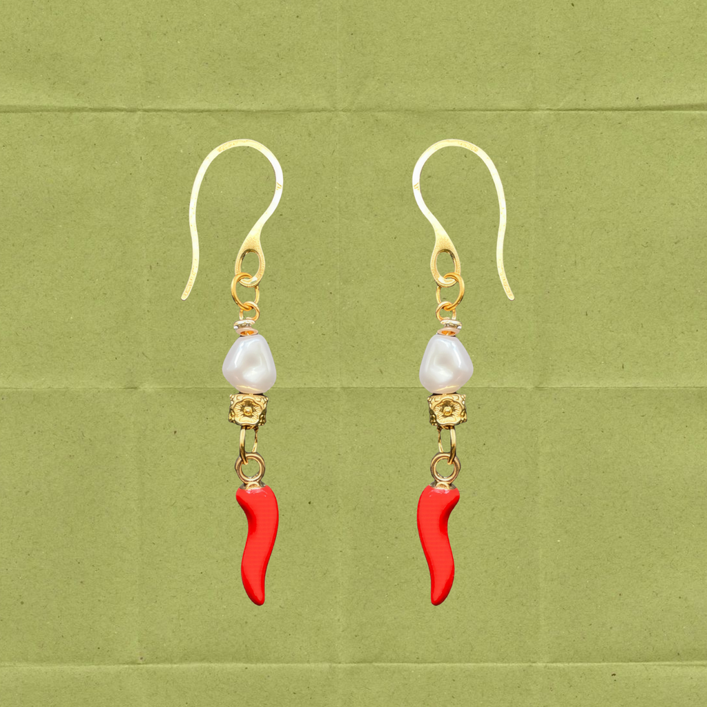 Amalfi Spice Earrings – Pearl, Floral Beads & Acrylic Chilli Charm