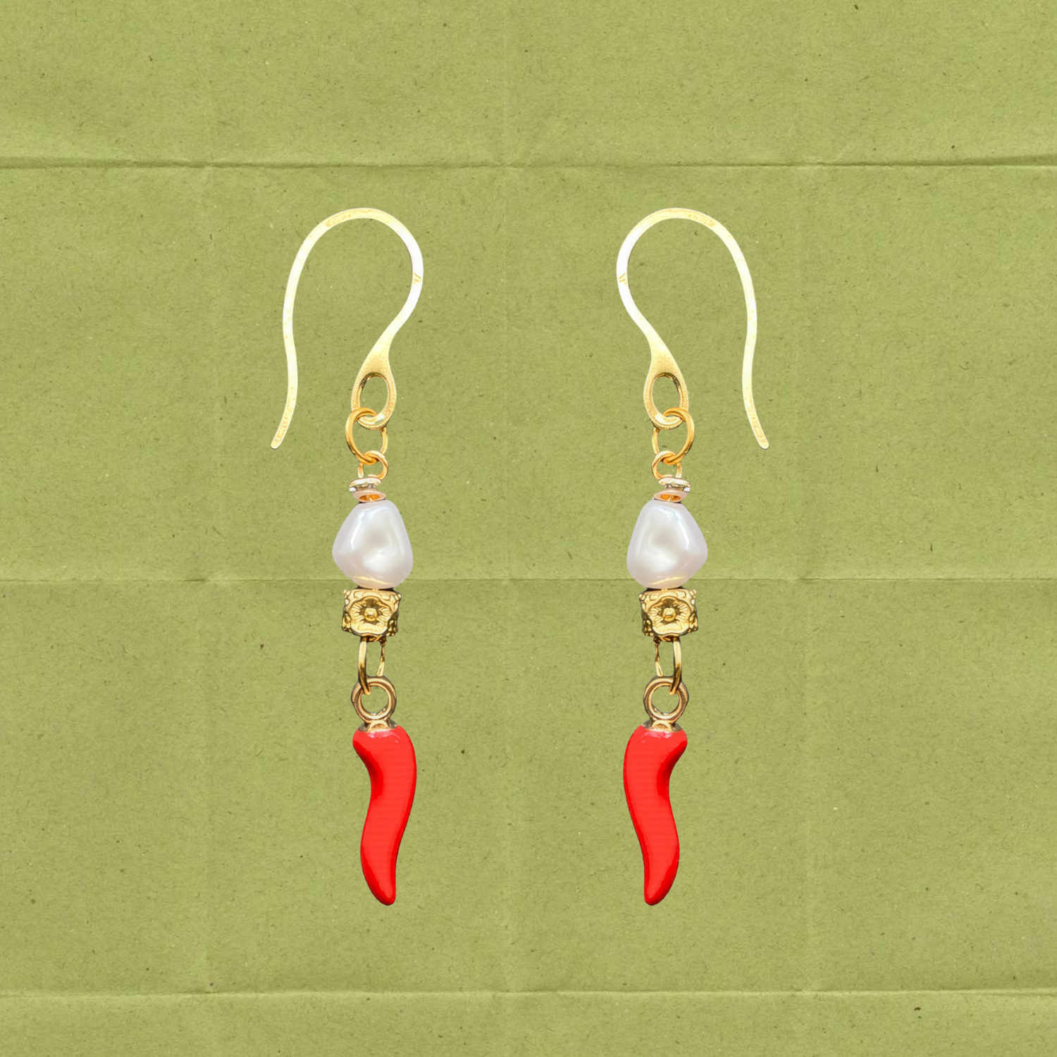 Amalfi Spice Earrings – Pearl, Floral Beads & Acrylic Chilli Charm