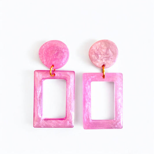 Barbie - Classic Playful Handmade Pearlescent Pink Resin Earrings - Stainless Stee - lucy andy jewellery