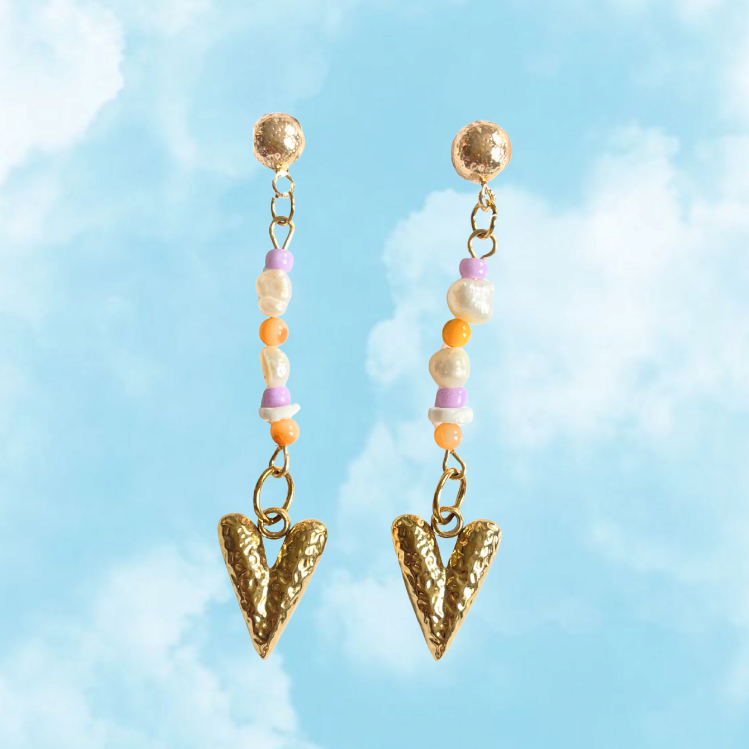 Candy Hearts & Pearls – 18K Gold Dangle Earrings with Freshwater Pearls & Colourful Shells