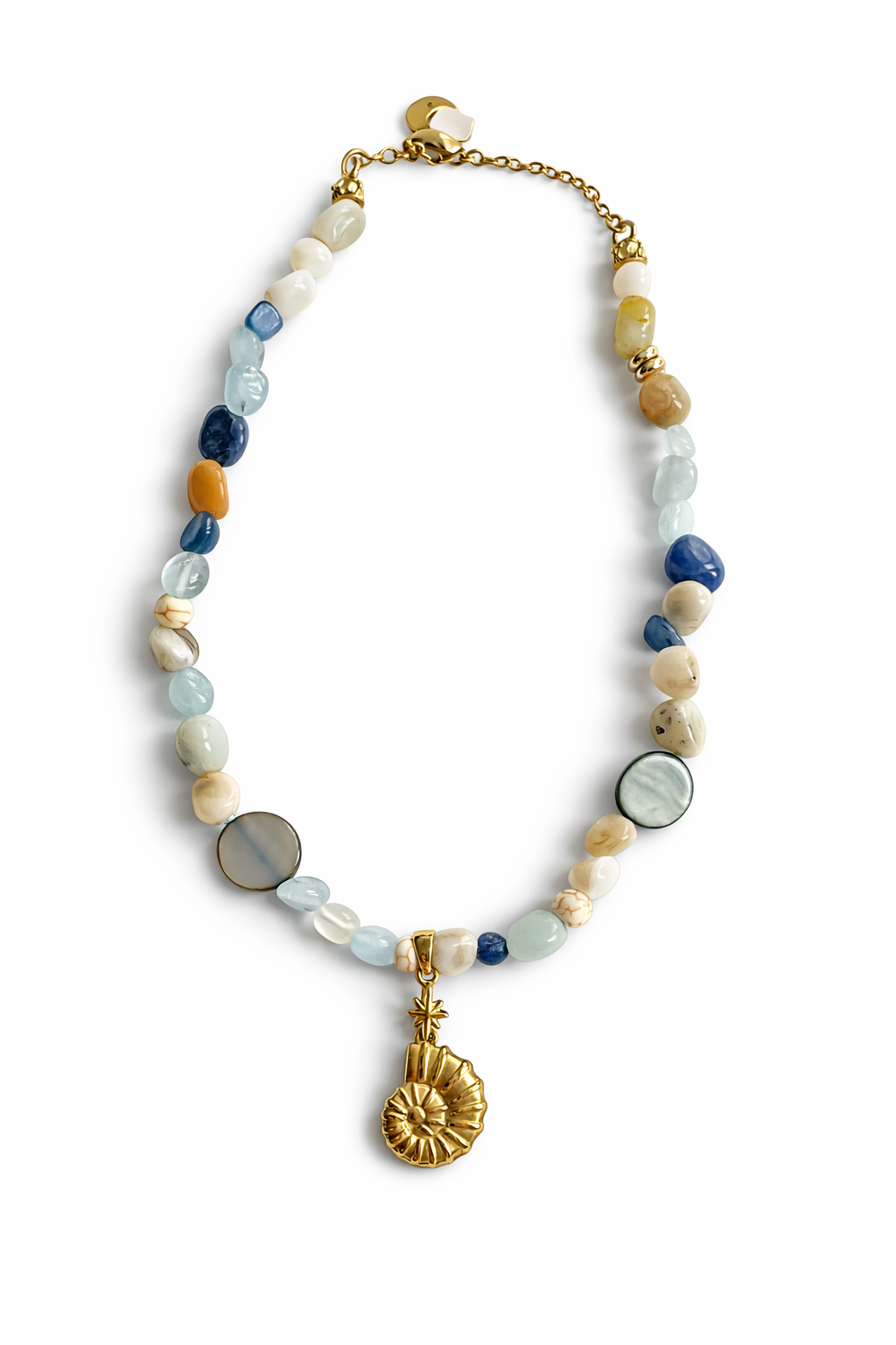 Necklace with multicolored beads and a gold pendant on a white background