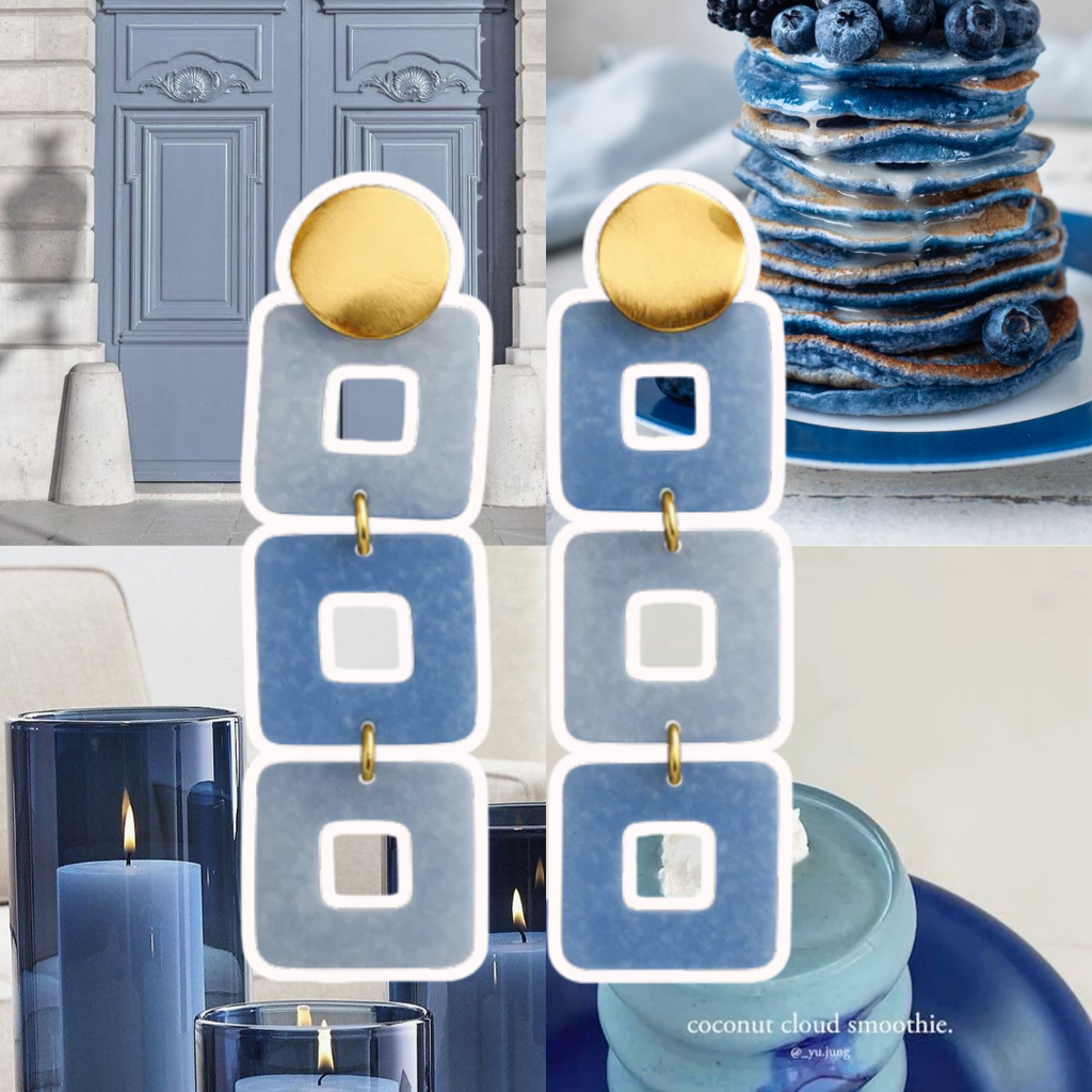 Collage of blue-themed items including candles, a cake, and a door with Chanel branding.