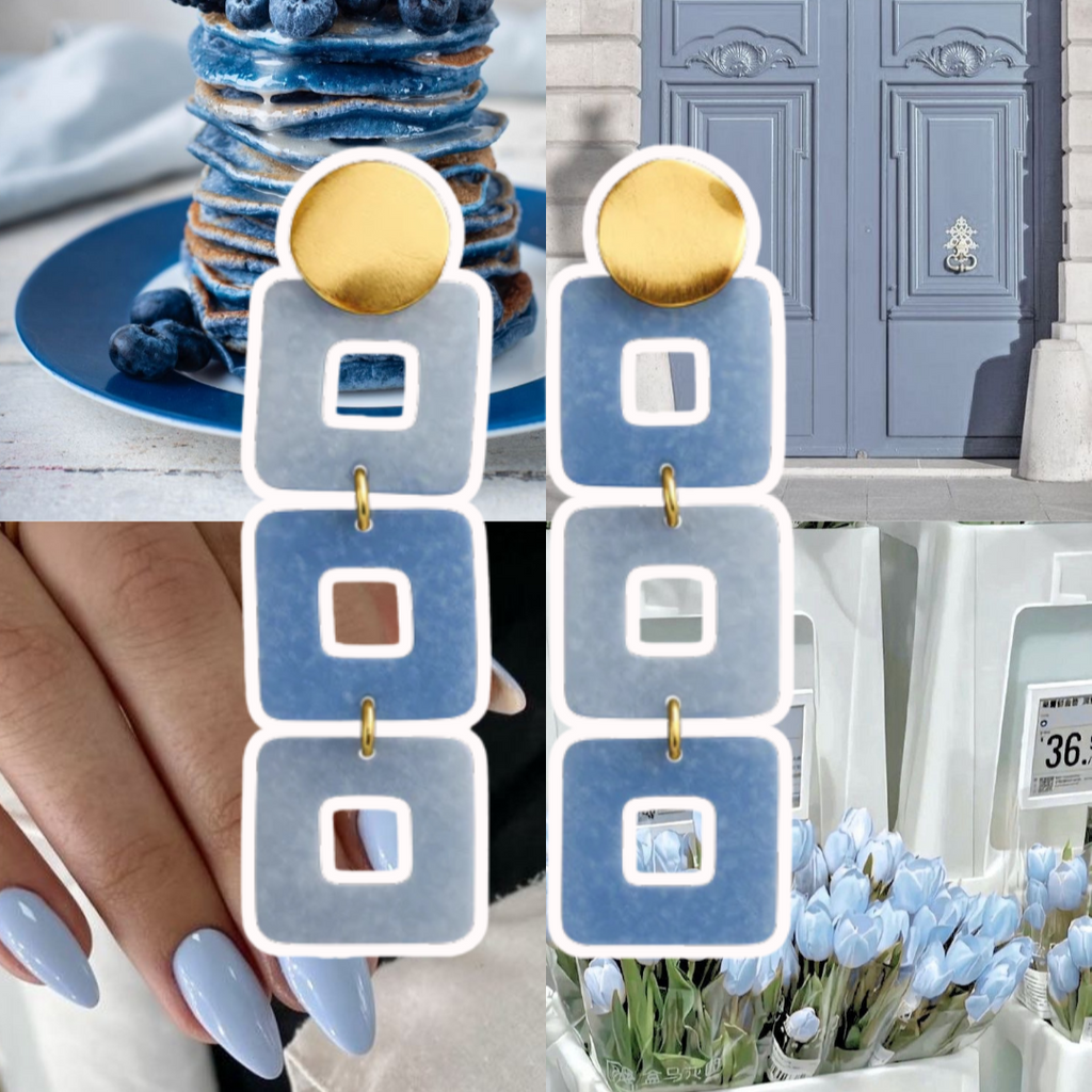 Collage of a blueberry dessert, Chanel door, earrings, and flowers.