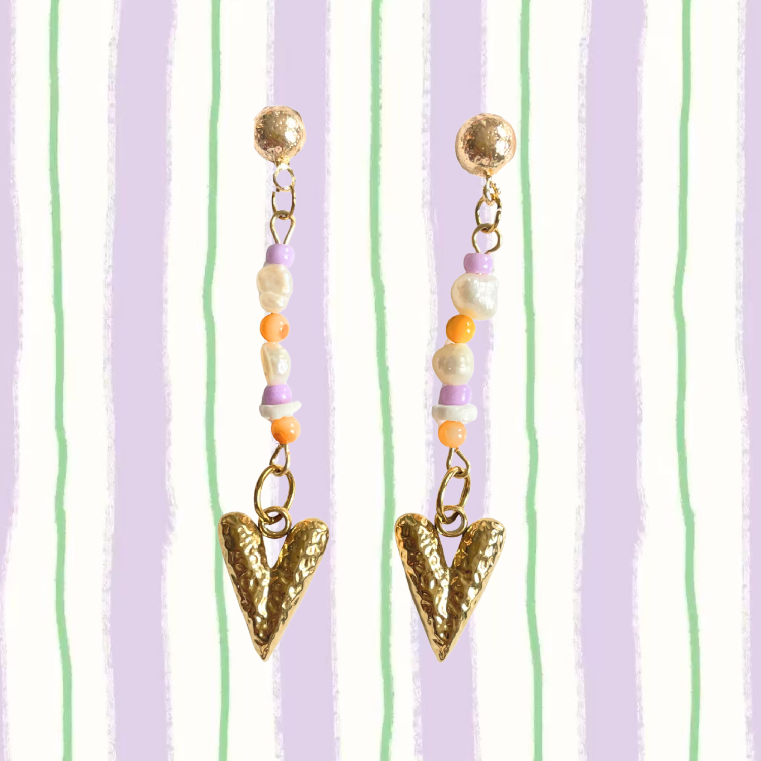 Candy Hearts & Pearls – 18K Gold Dangle Earrings with Freshwater Pearls & Colourful Shells