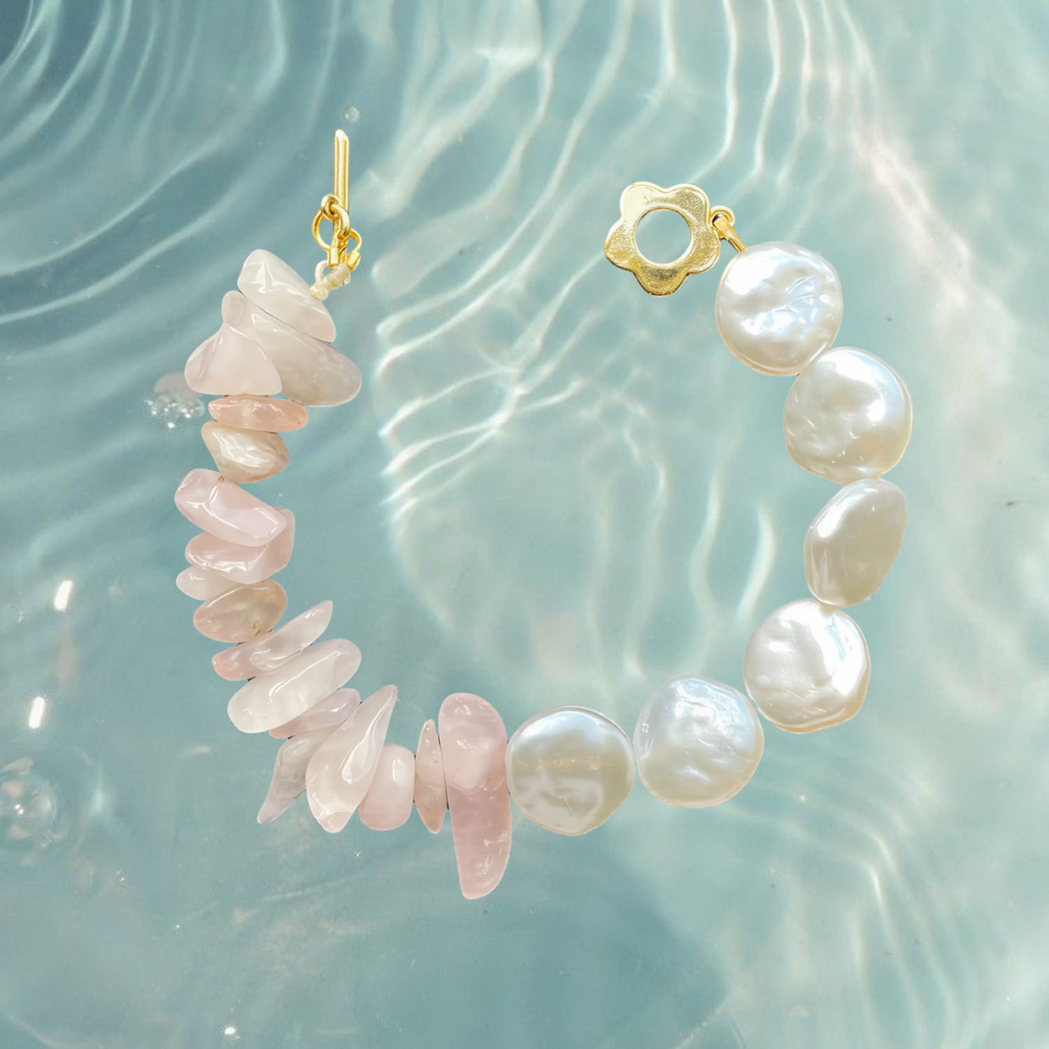 Flor de Luz – Rose Quartz & Pearl-Inspired Bracelet with 18K Gold-Plated Floral Clasp