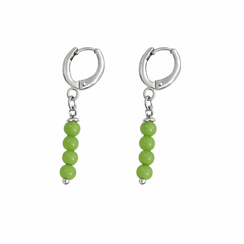 Pair of silver hoop earrings with green beads on a white background