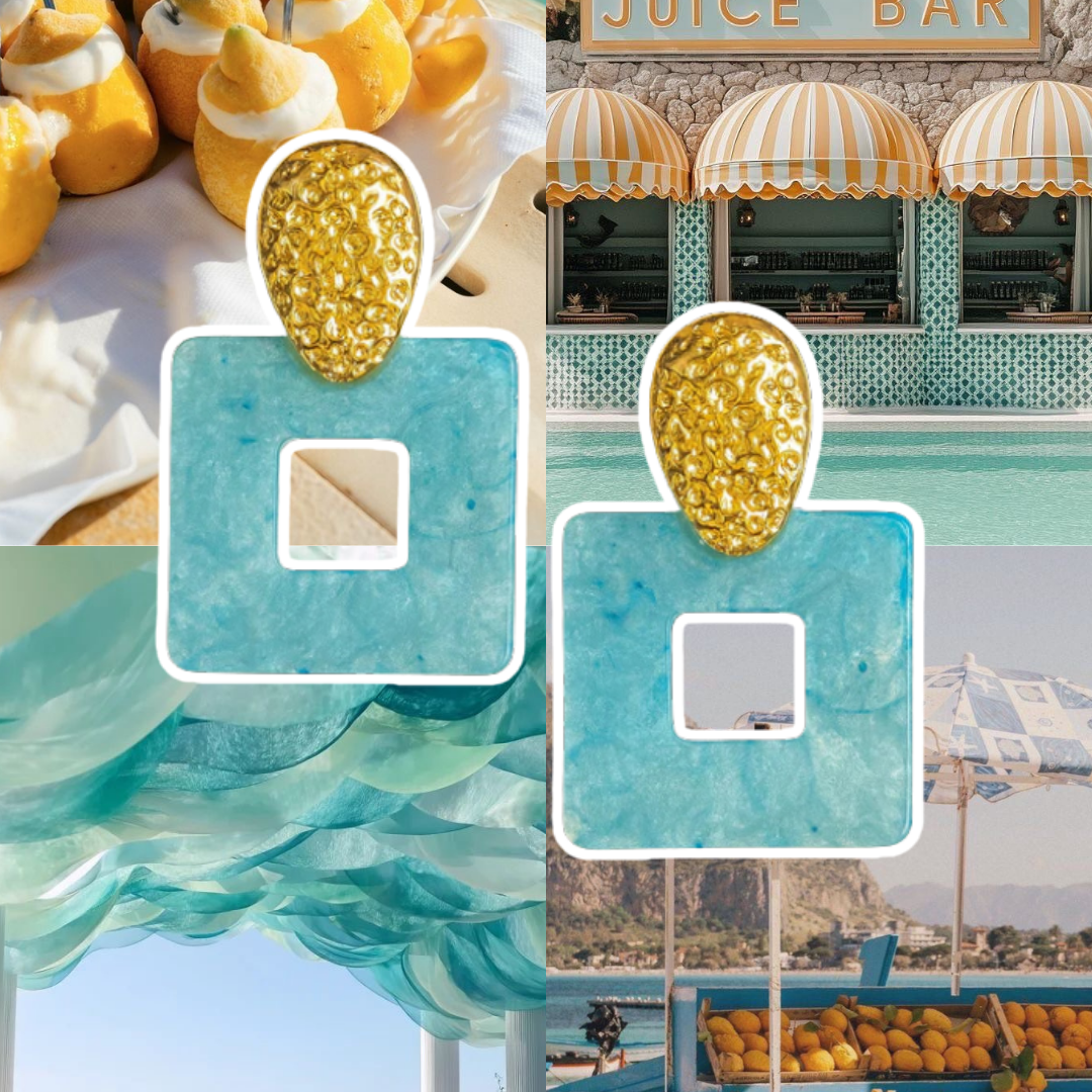 Collage of a juice bar with lemons and oranges, outdoor seating area, and scenic background.