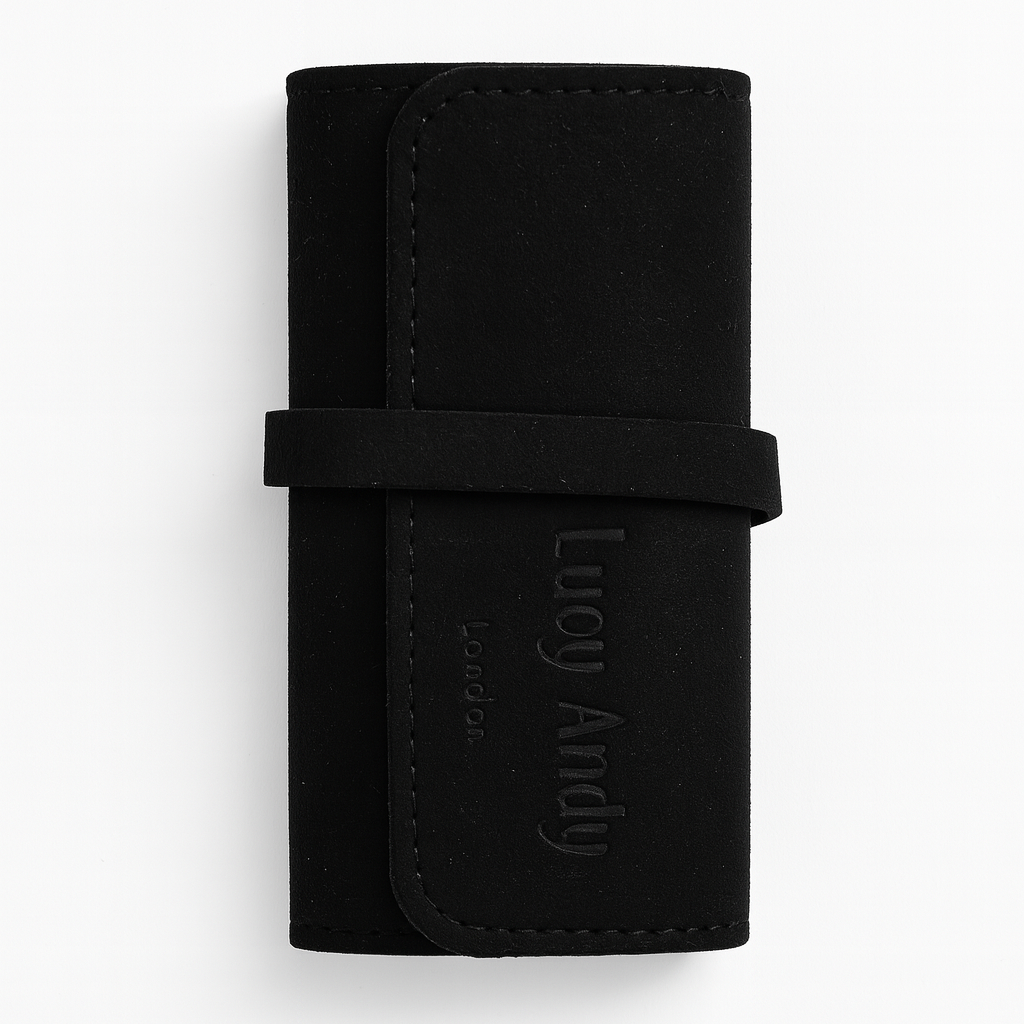 Black leather case with 'Lucky Andy' branding on a white background
