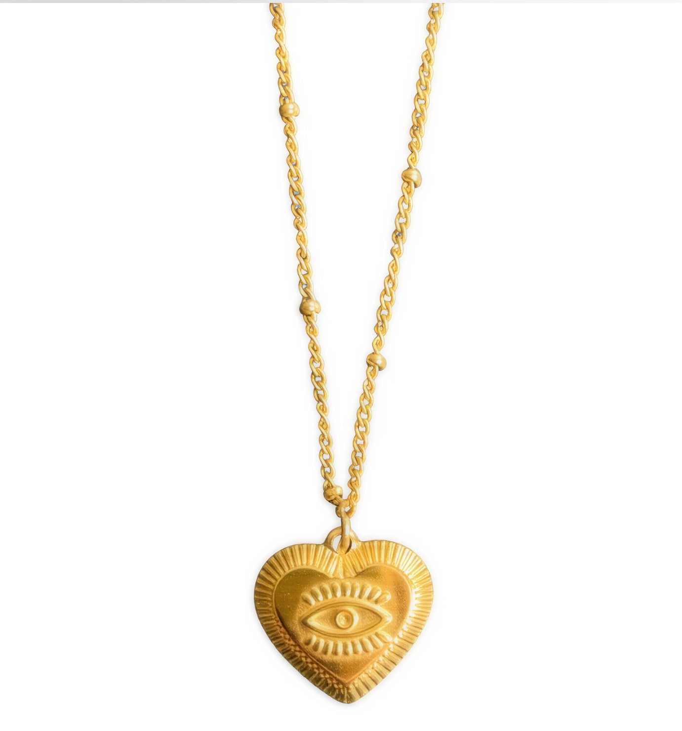 The Heart Sees – 18K Gold Necklace with Embossed Heart & Eye Pendant