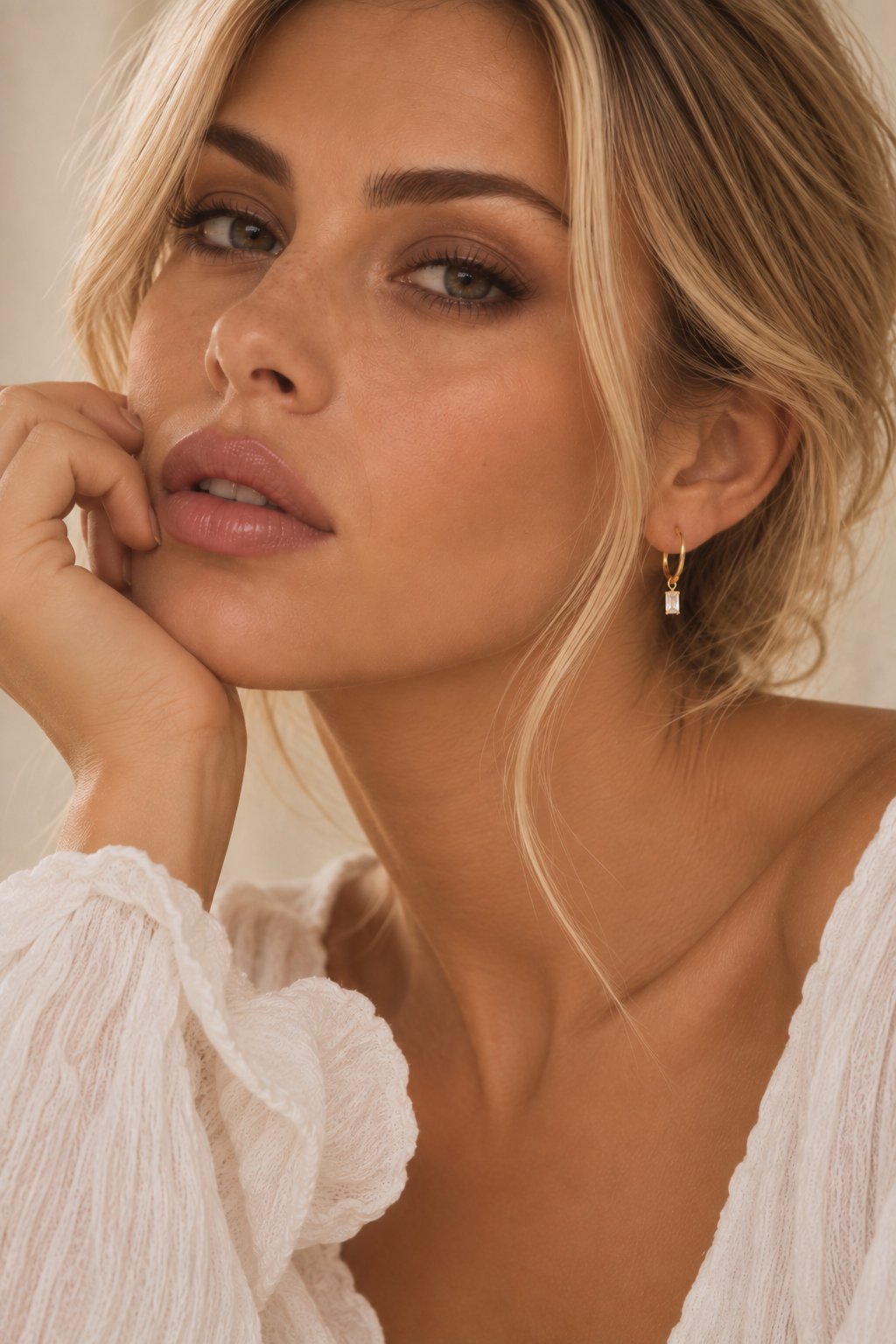 A close-up lifestyle shot of a woman with blonde hair wearing a delicate gold hoop earring with a small white crystal accent, paired with a white ruffled blouse against a soft beige background.