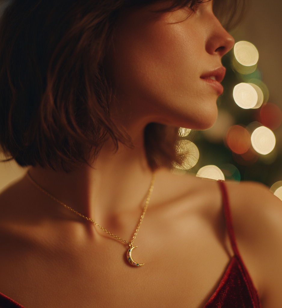Woman wearing a gold necklace with a moon pendant in front of a blurred Christmas tree.