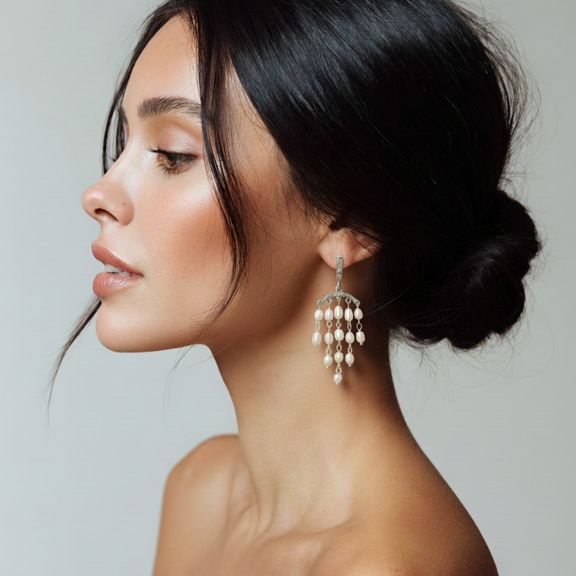 Woman with styled hair and earrings against a neutral background