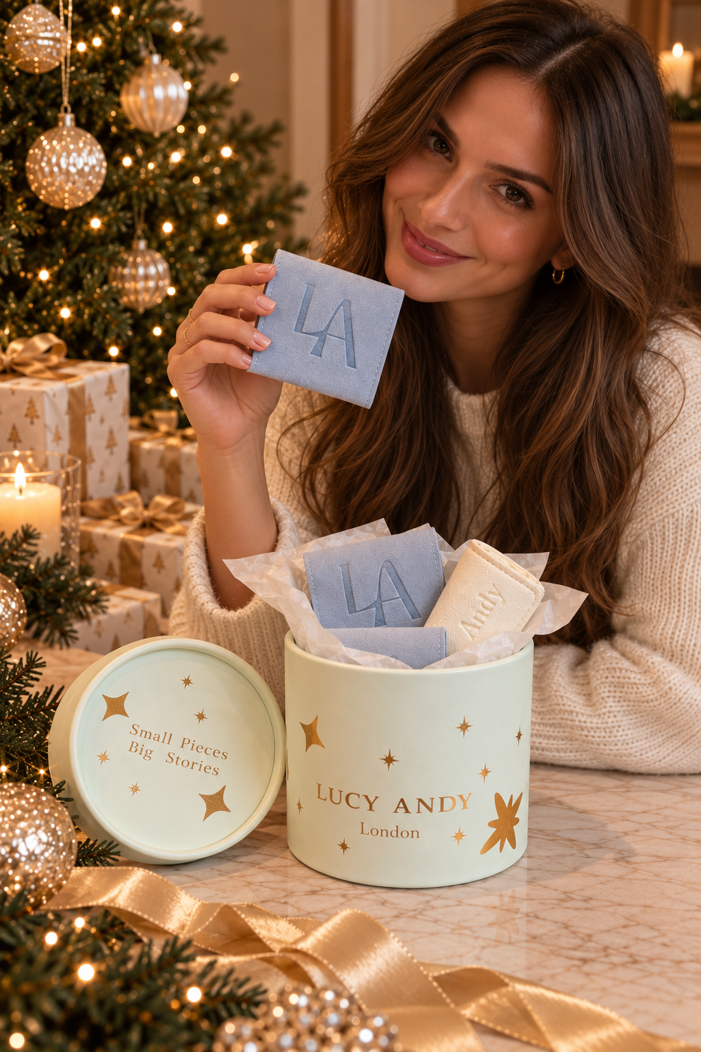 A woman in a cream knit sweater holds a small blue jewellery bag with 'LA' written on it, standing beside an open pastel mint gift tin labeled 'LUCY ANDY London' with gold stars. The scene is decorated with a Christmas tree, ornaments, wrapped gifts, and candles.
