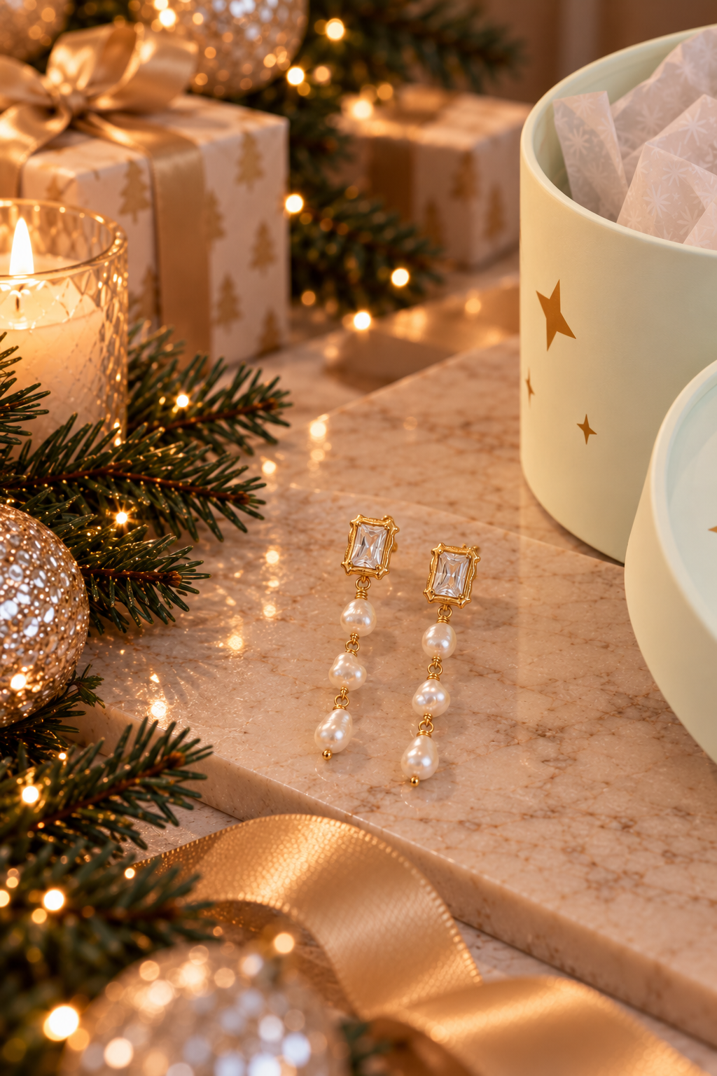 Gold and white drop earrings with rectangular crystal cubic zirconia stones and pearl-like drops, displayed on a marble surface surrounded by holiday decorations including pine branches, a lit candle, gift boxes, and a mint green box.