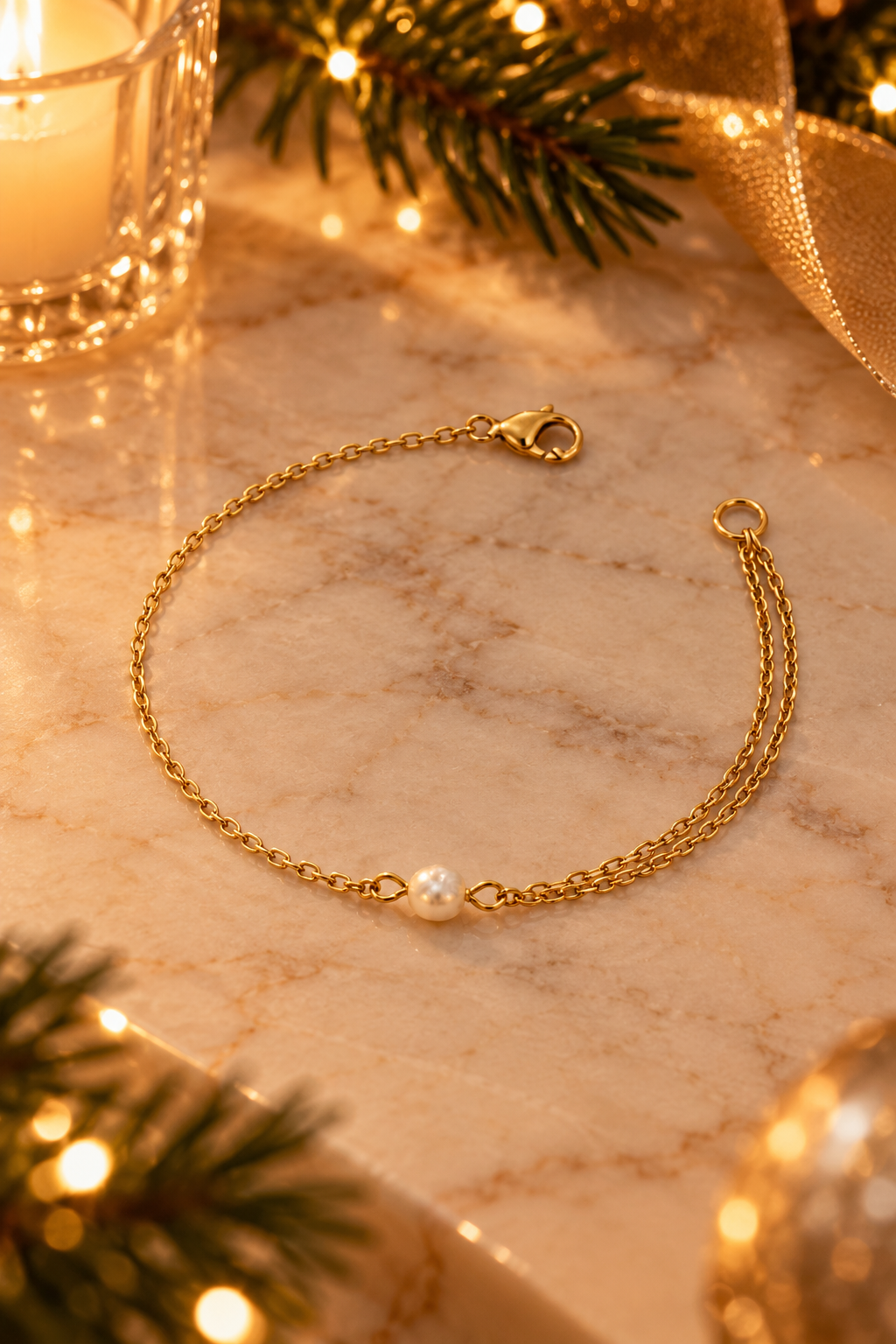 A delicate gold chain bracelet with a small white pearl bead, styled on a marble surface with warm holiday lights, pine branches, and a candle in the background.