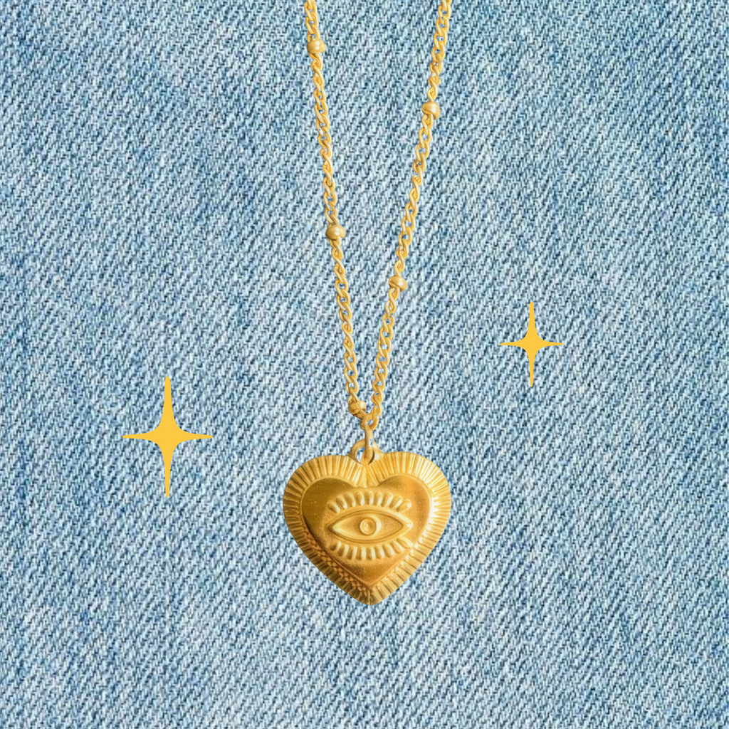 The Heart Sees – 18K Gold Necklace with Embossed Heart & Eye Pendant