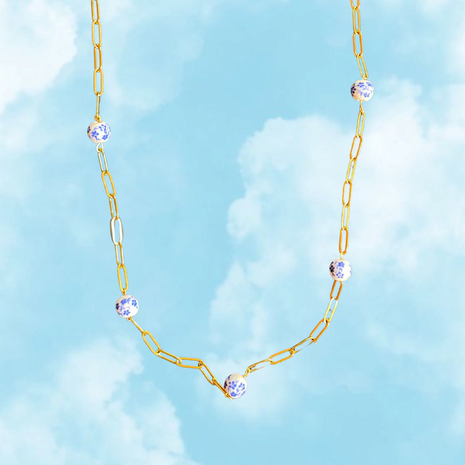 Ceramic Sea – Gold Chain Necklace with Hand-Painted Porcelain Beads