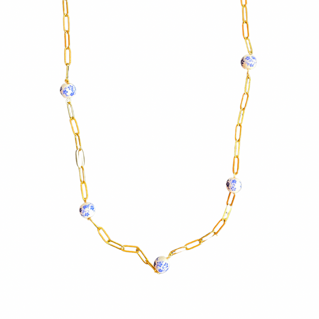 Ceramic Sea – Gold Chain Necklace with Hand-Painted Porcelain Beads