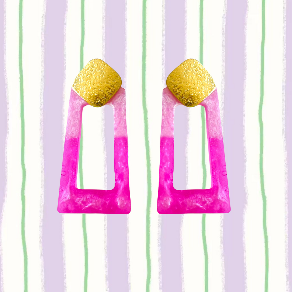 Barbie Pop stud – Geometric Resin Earrings with 18K Gold Textured Studs (Pink or Blue)
