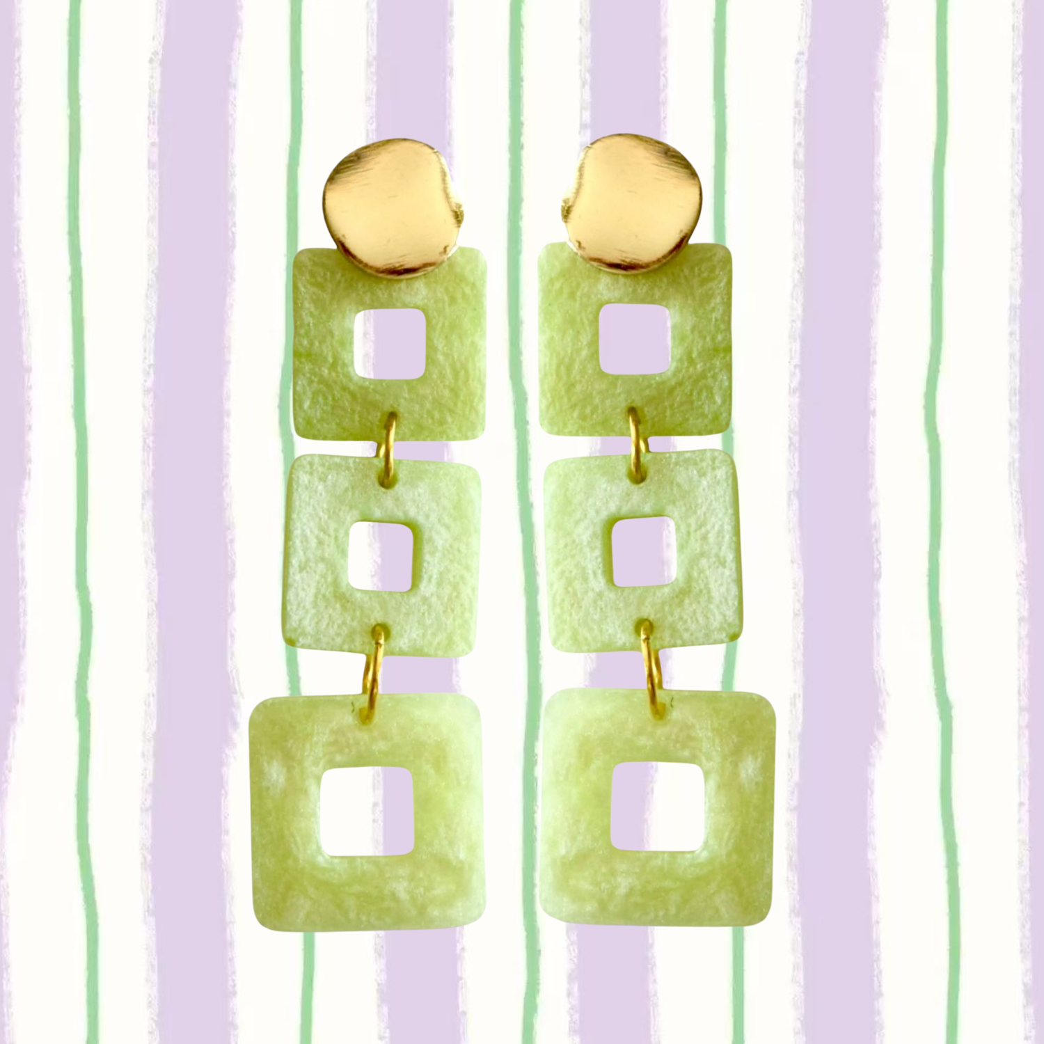 Pistachio Cubes – Dangle Resin Earrings with 18K Gold Plated Studs