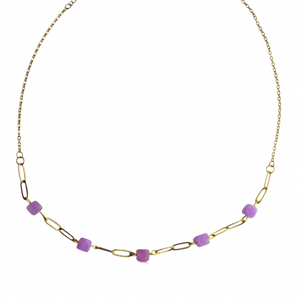 Lavender Link – Amethyst Cube Bead Necklace with 18K Gold Plated Chain