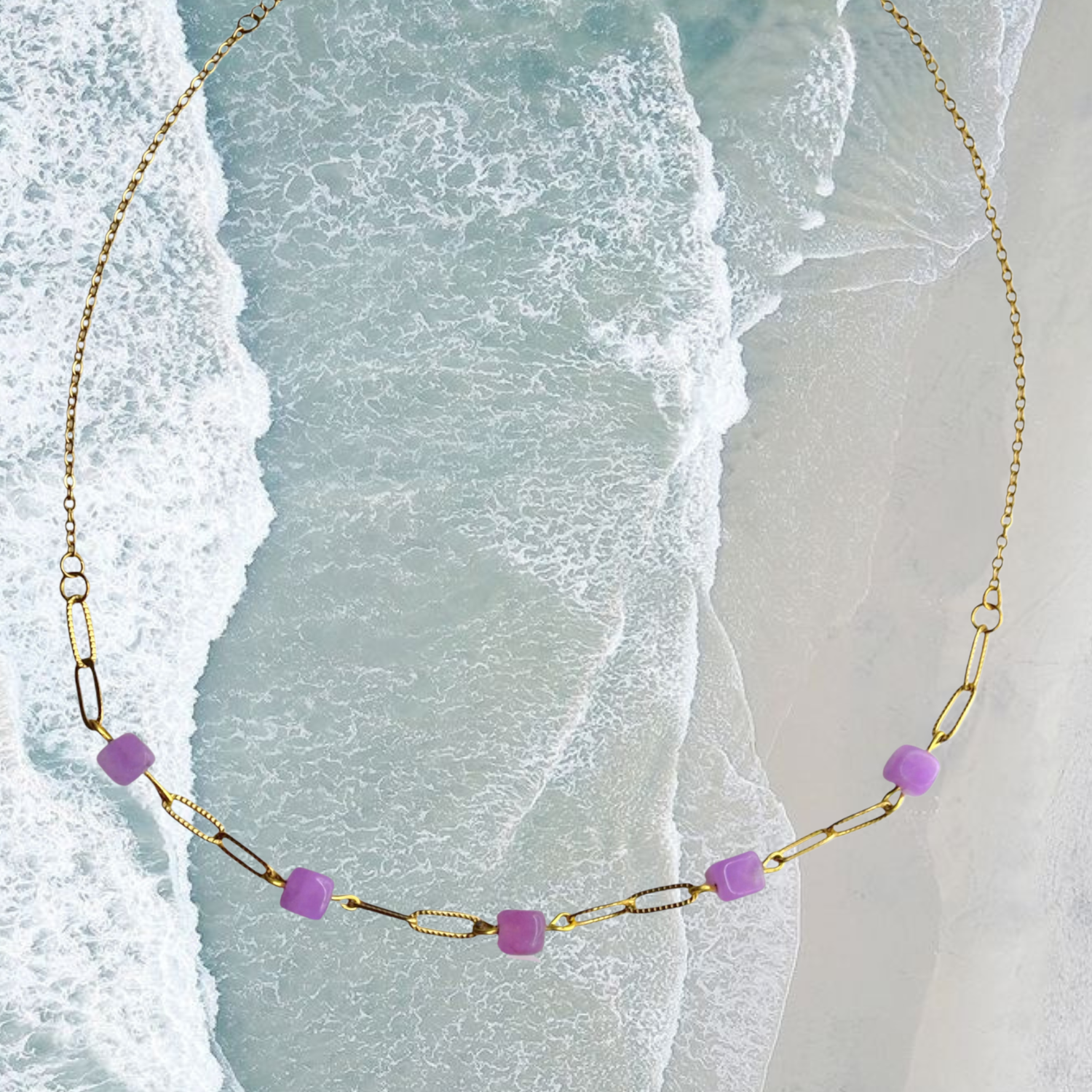 Lavender Link – Amethyst Cube Bead Necklace with 18K Gold Plated Chain