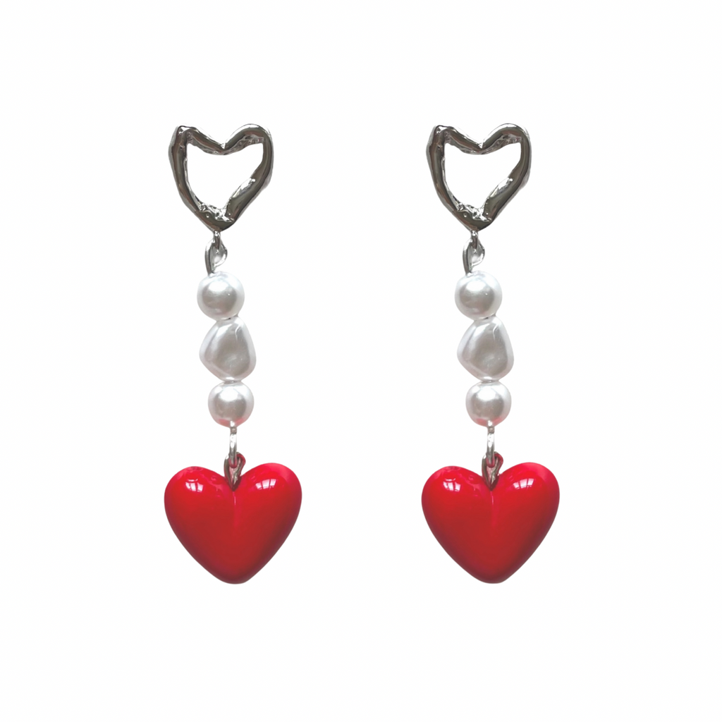 Hearts & Pearls – Silver-Plated Heart Stud Earrings with Faux Baroque Pearls & Red Acrylic Charms