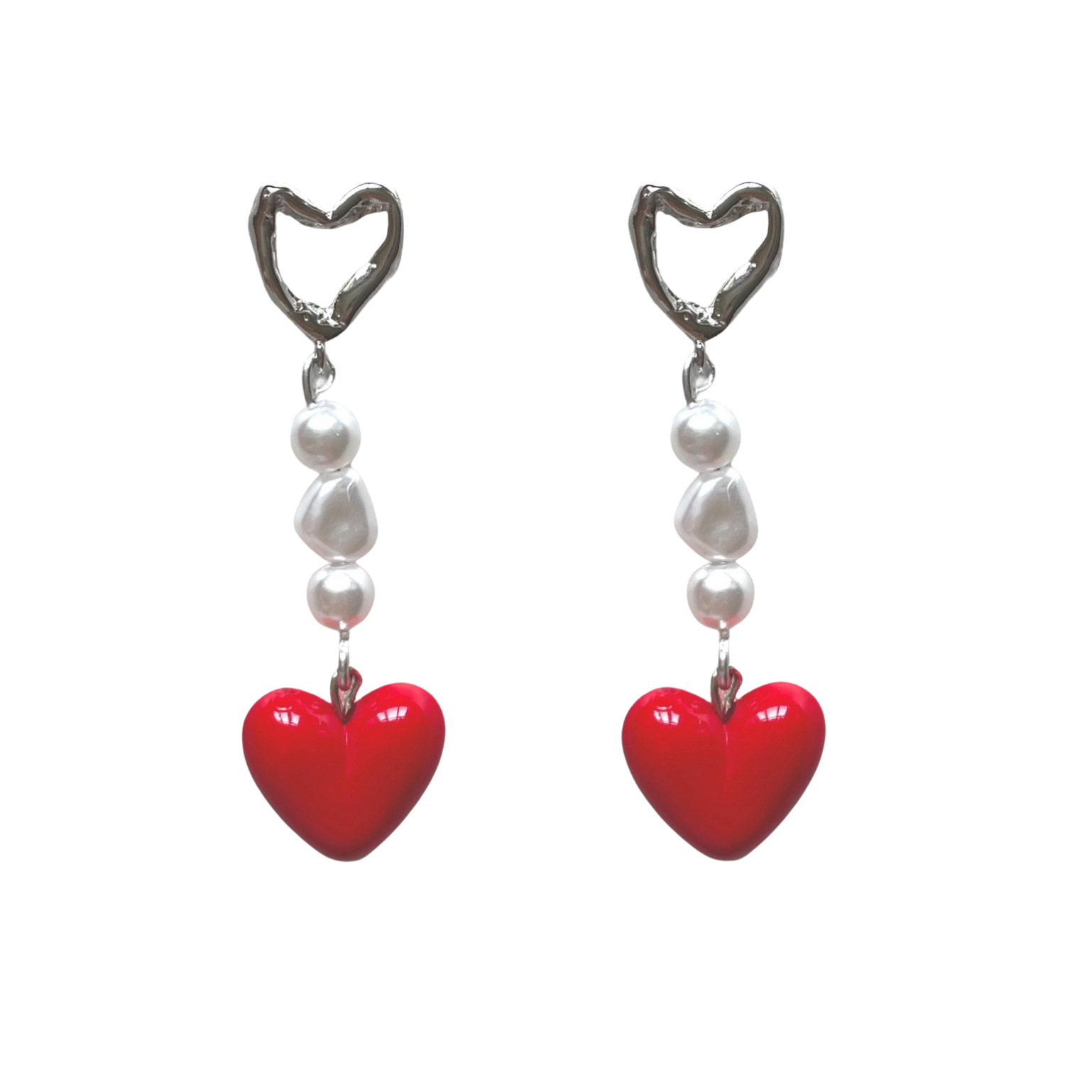 Hearts & Pearls – Silver-Plated Heart Stud Earrings with Faux Baroque Pearls & Red Acrylic Charms