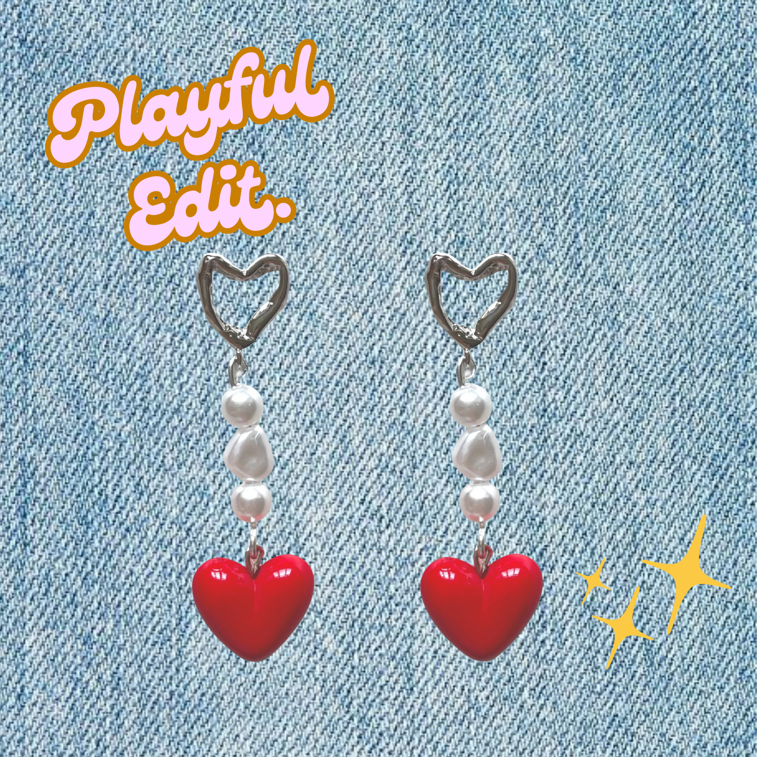 Hearts & Pearls – Silver-Plated Heart Stud Earrings with Faux Baroque Pearls & Red Acrylic Charms