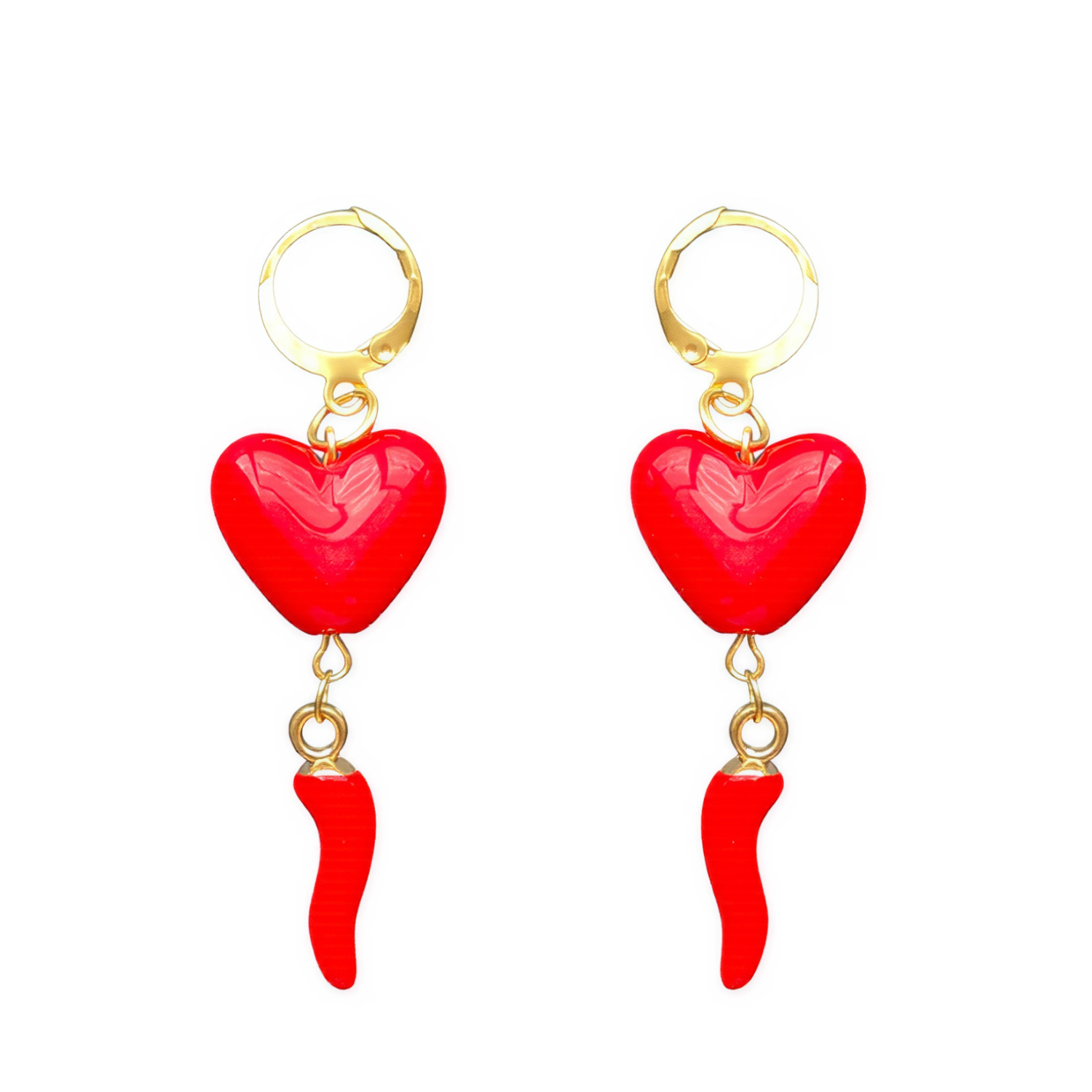 Hot Heart Earrings – 18k Gold Huggies with Red Heart & Chilli