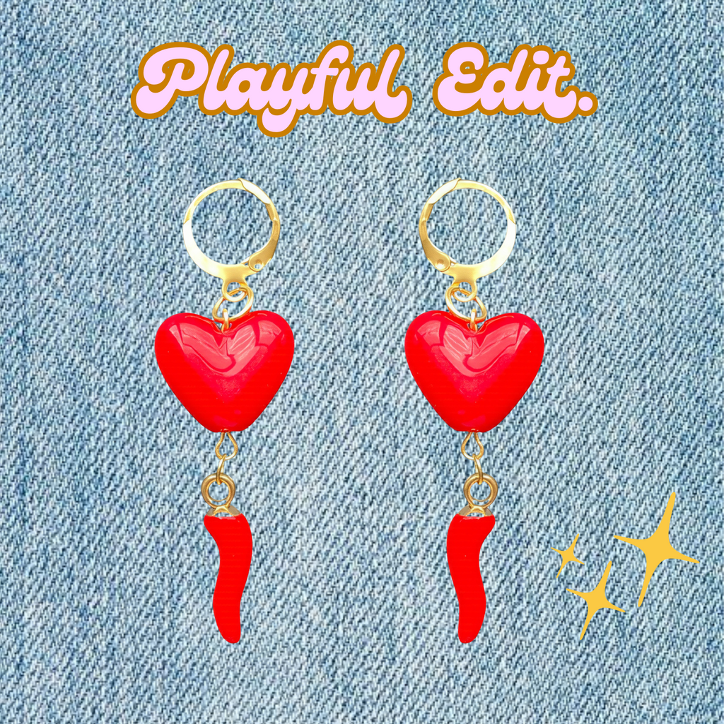Hot Heart Earrings – 18k Gold Huggies with Red Heart & Chilli