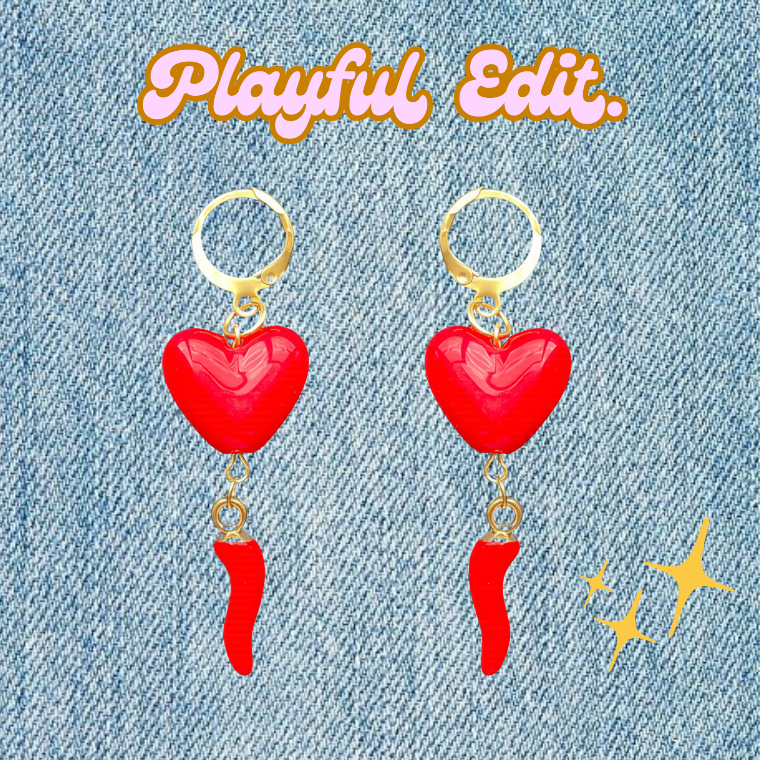 Hot Heart Earrings – 18k Gold Huggies with Red Heart & Chilli