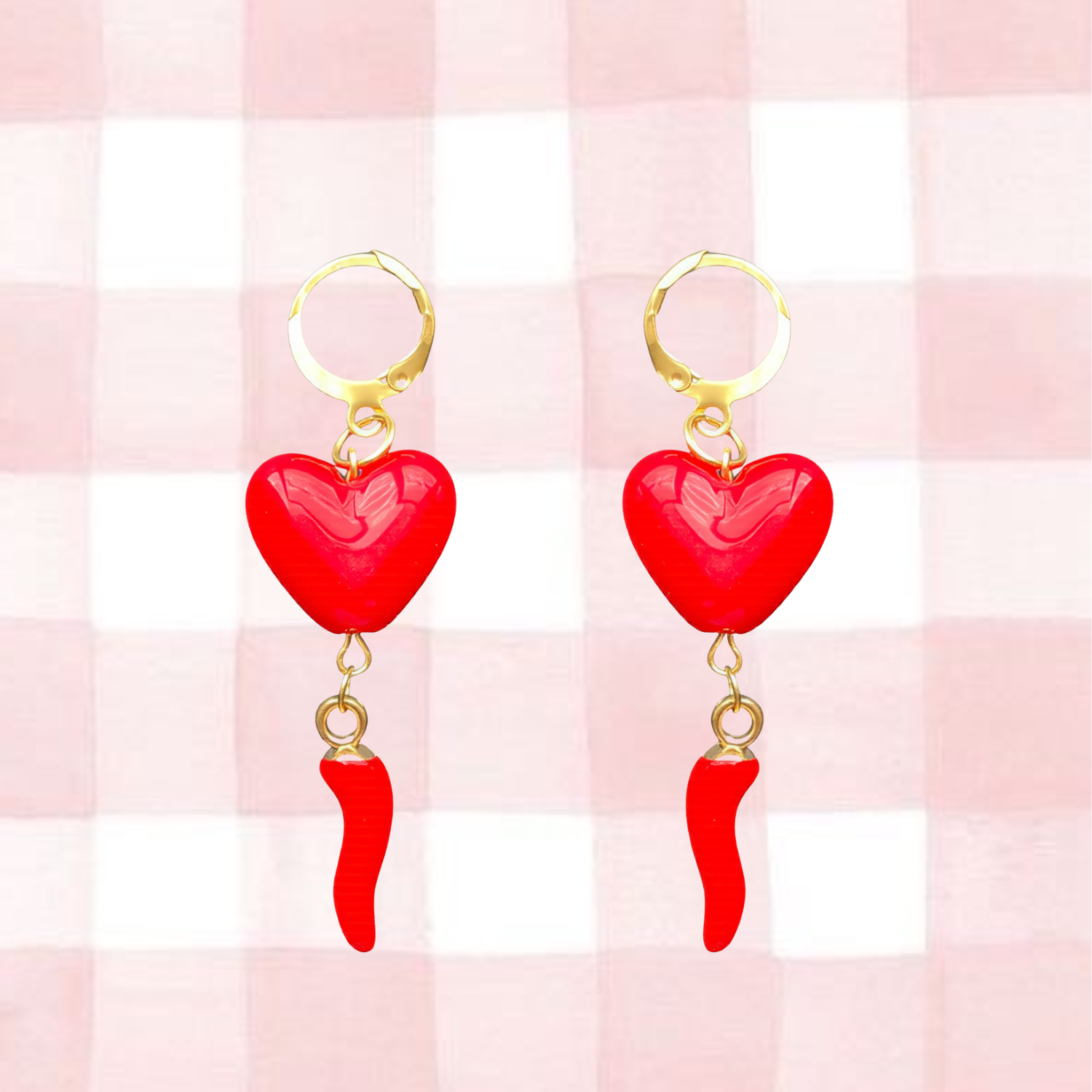 Hot Heart Earrings – 18k Gold Huggies with Red Heart & Chilli