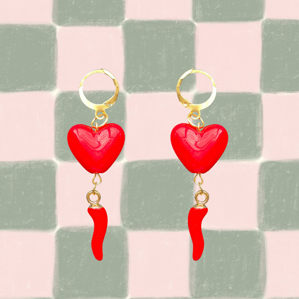 Hot Heart Earrings – 18k Gold Huggies with Red Heart & Chilli