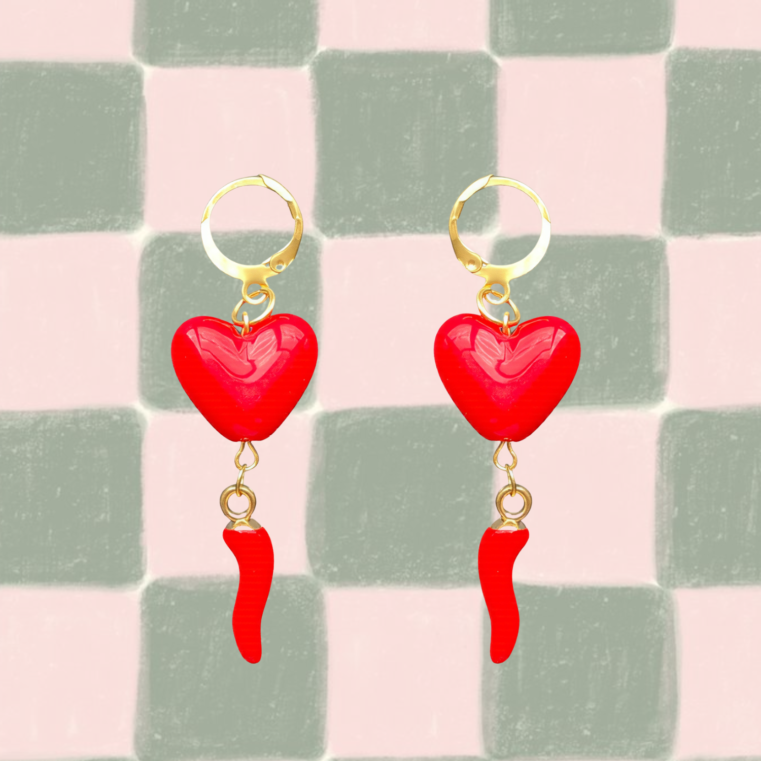 Hot Heart Earrings – 18k Gold Huggies with Red Heart & Chilli