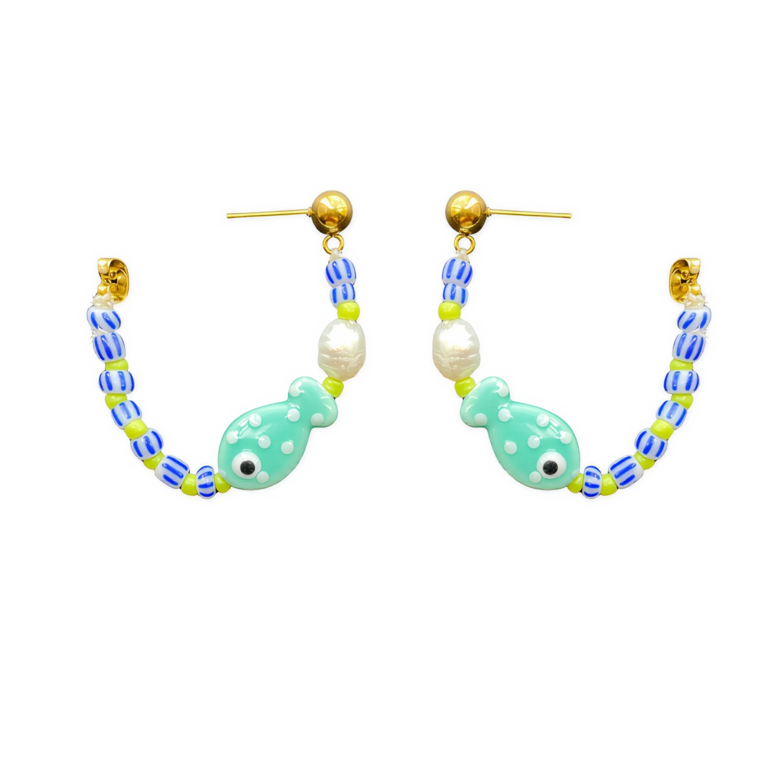 Fishy Hoops – Ceramic Fish Beads & Freshwater Pearl Earrings