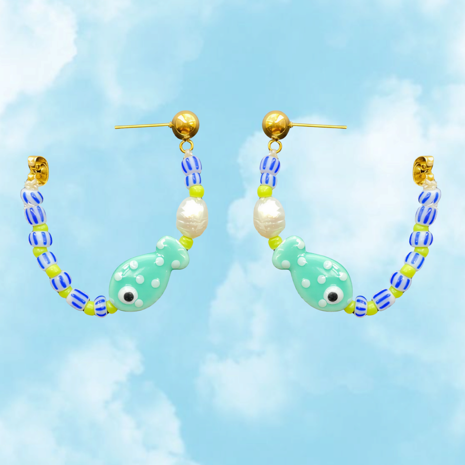 Fishy Hoops – Ceramic Fish Beads & Freshwater Pearl Earrings
