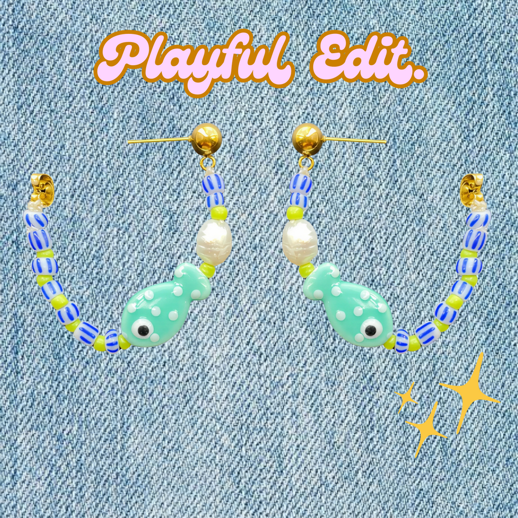 Fishy Hoops – Ceramic Fish Beads & Freshwater Pearl Earrings