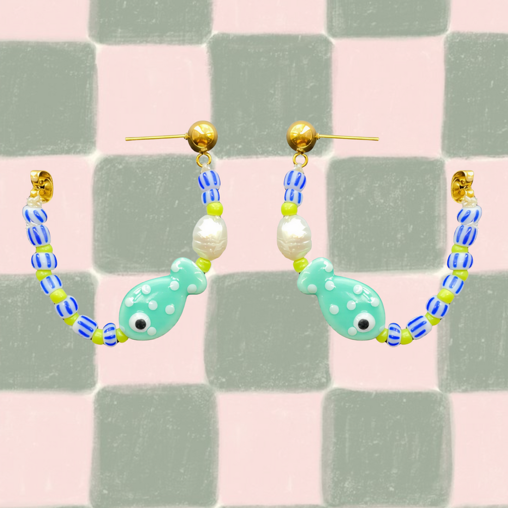 Fishy Hoops – Ceramic Fish Beads & Freshwater Pearl Earrings
