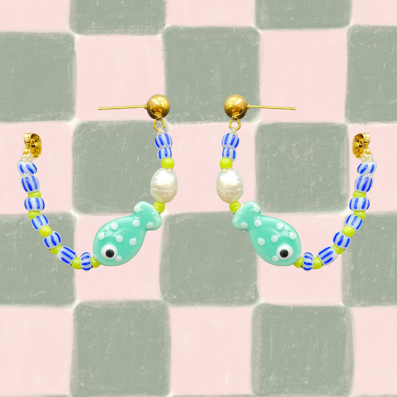 Fishy Hoops – Ceramic Fish Beads & Freshwater Pearl Earrings